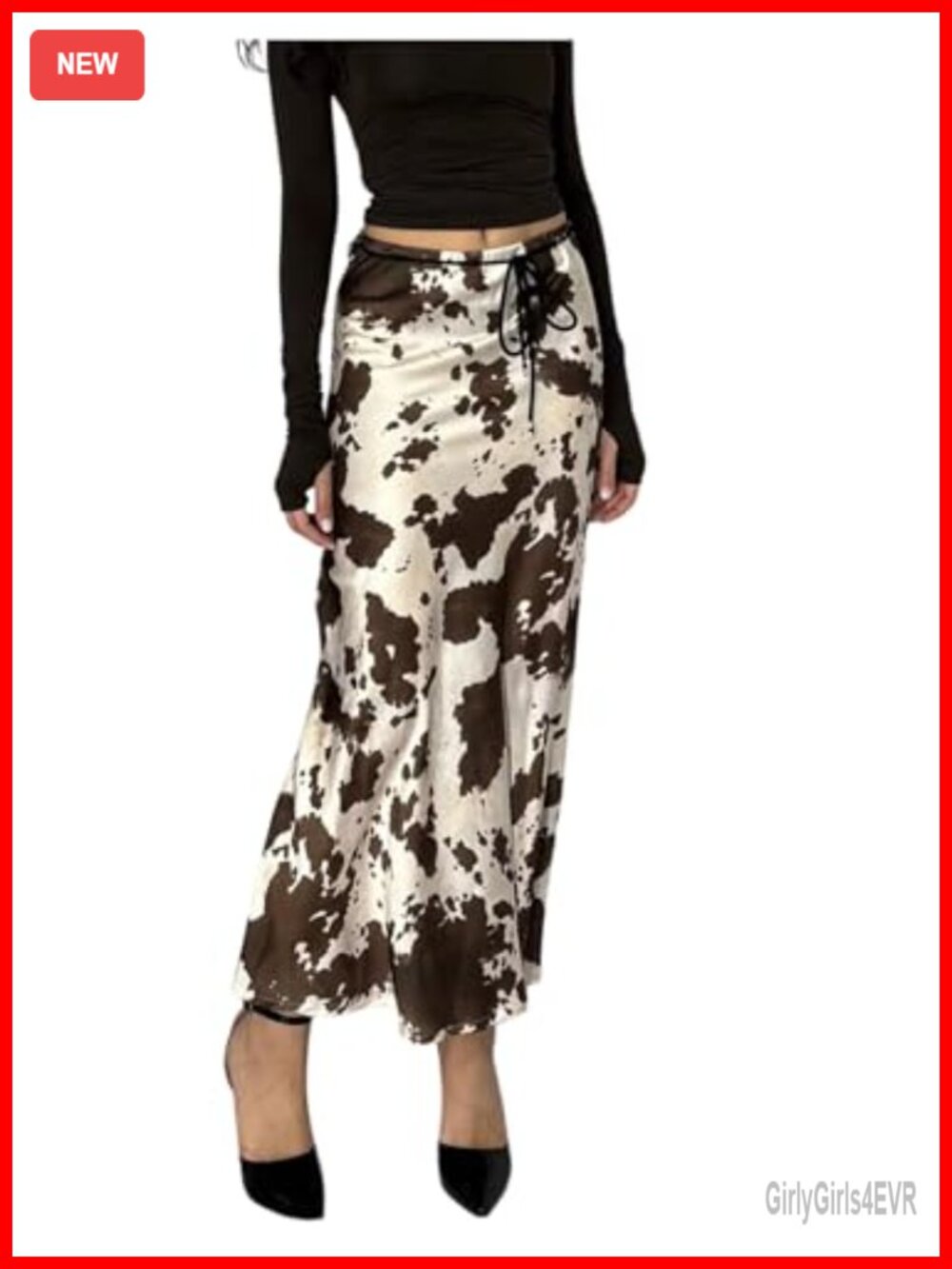 Satin Cow Print Maxi Skirt High Waisted A-Line Flare Western Elegant